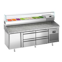 Masă frigorifică pentru preparare pizza PREMIUM PLUS - cu blat din granit - 1980x700 mm - cu 1 ușă & 4 sertare - cu vitrină de ingrediente - 9x GN 1/4