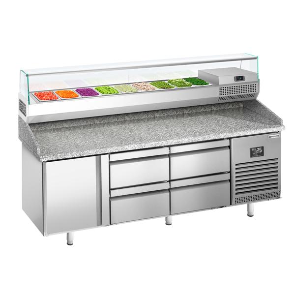 Pizzawerkbank PREMIUM PLUS - 1980x700mm - granieten werkblad - met 1 deuren & 4 laden - incl. koelopzetvitrine - 9x GN 1/4
