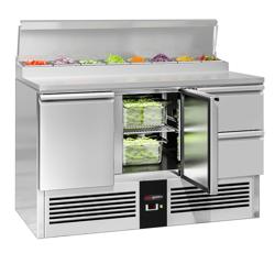 Zubereitungstisch Mini PREMIUM - 1370mm - für 8x GN 1/6 - 2 Türen & 2 Schubladen