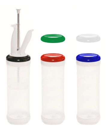 (3 pcs) Kit Portion Pal (Bouteilles 473ml, membrane à un trou (débit moyen)) Pour sauces - incl. poignée & tige, 5 anneaux doseurs 7,5/10/15/22,5/30ml - 3 bouteilles 473ml | Lot de 3 kits Portion Pal