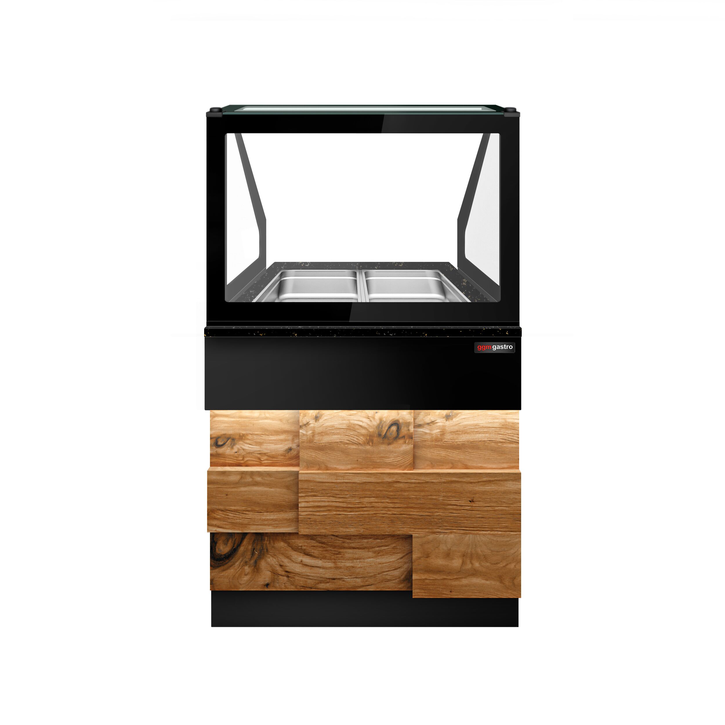 Vitrine chauffante TORONTO – 800 mm – façade en bois – pour 2 × GN 1/1 – plan de travail en granit noir