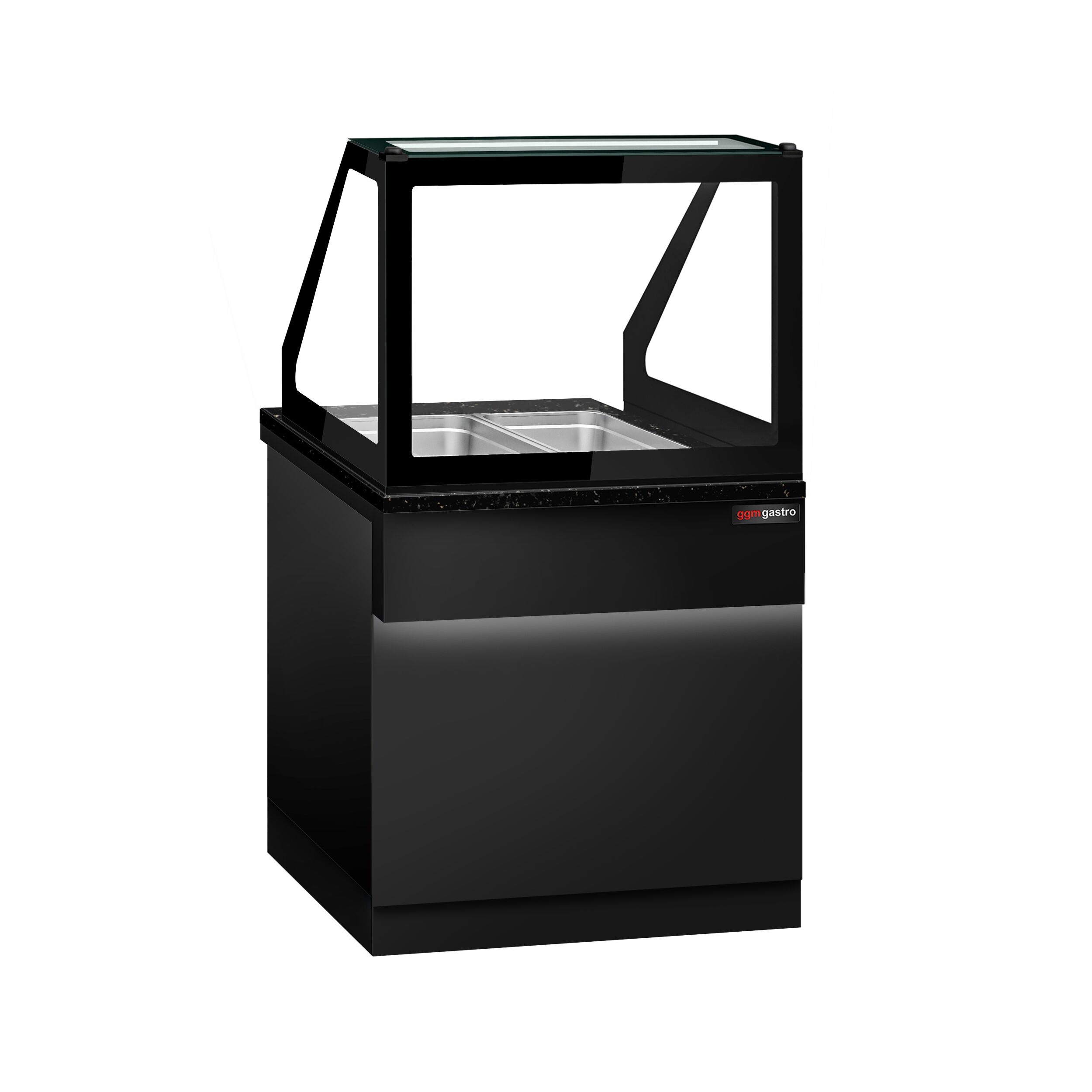 Vitrine chauffante TORONTO – 800 mm – façade noire – pour 2 × GN 1/1 – plan de travail en granit noir
