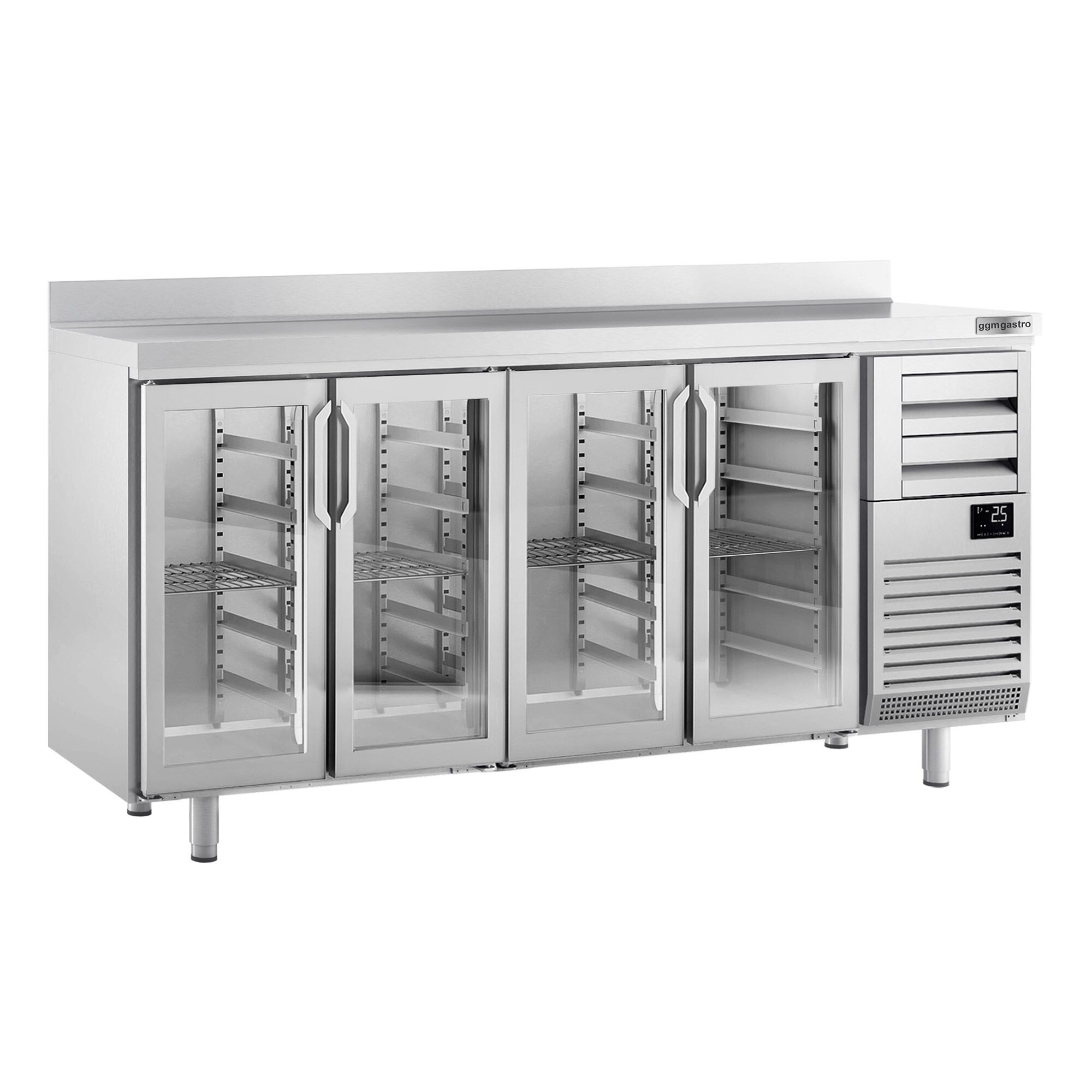 Arrière-bar réfrigéré professionnel Premium PLUS - 2450 x 600 mm - avec 4 portes en verre, 2 tiroirs et dosseret
