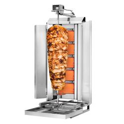 Gáz Gyros sütő - 5 égő - 16,25 kW - max. 80 kg - Asztali kivitel - tartozékokkal: 2 védőlemez, 2 összecsukható ajtó, nyárs, zsírfogó tálca
