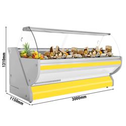 Vitrina de refrigeración - 3000mm - vitrina expositora - frontal curvo - iluminación - base y cuerpo en amarillo