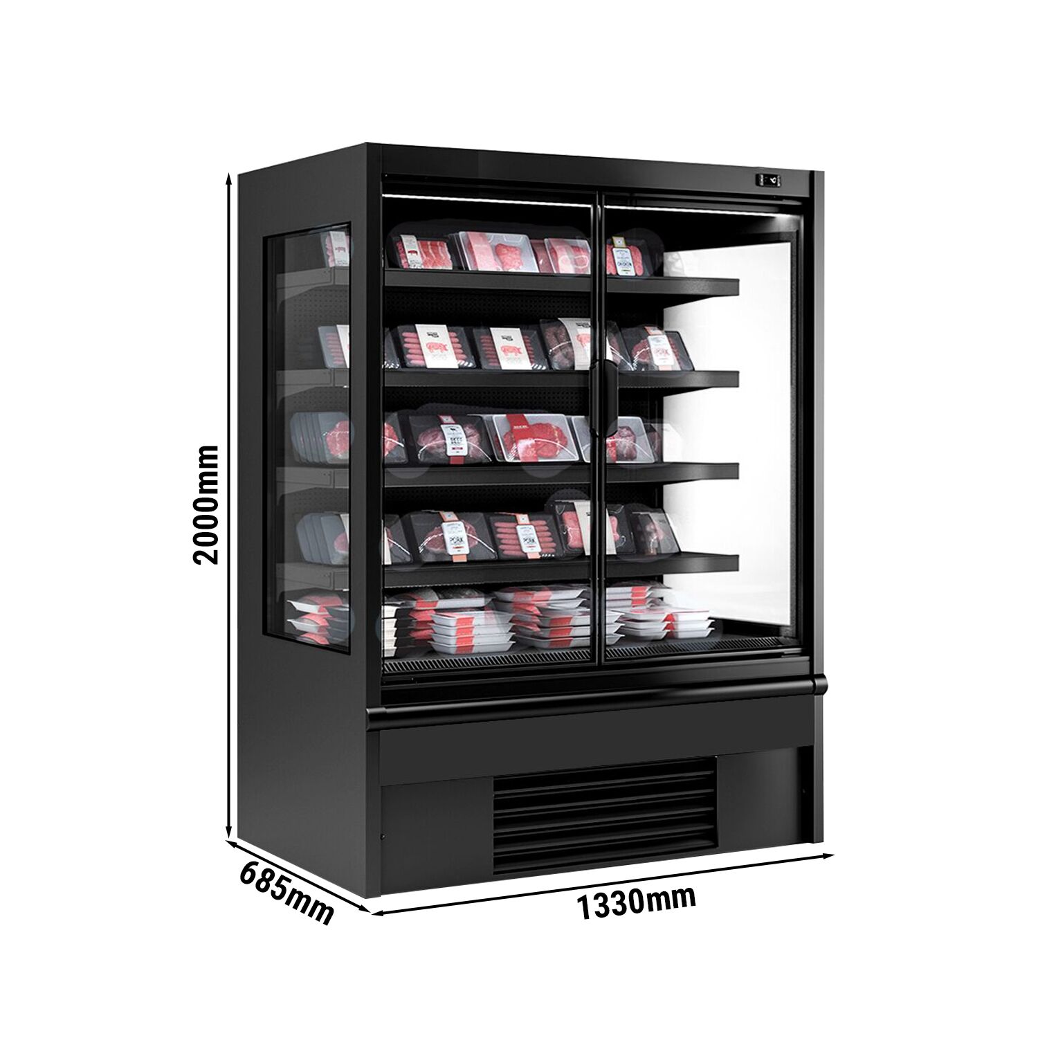 Vitrine murale réfrigérée - 1330mm - 455L - avec 2 portes battantes vitrées & 4 étagères - Noir
