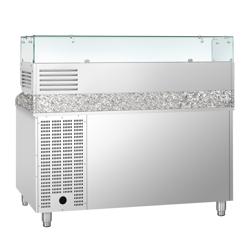 Pizzawerkbank ECO - 1500x800mm - met granieten werkblad - met 1 deur & 7 laden - incl. glasvitrine - 6x GN 1/3
