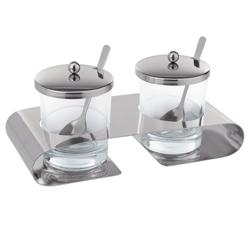 Ménage parmesan / confiture avec support - récipient en inox chromé avec verre - incl. 2 cuillères en inox