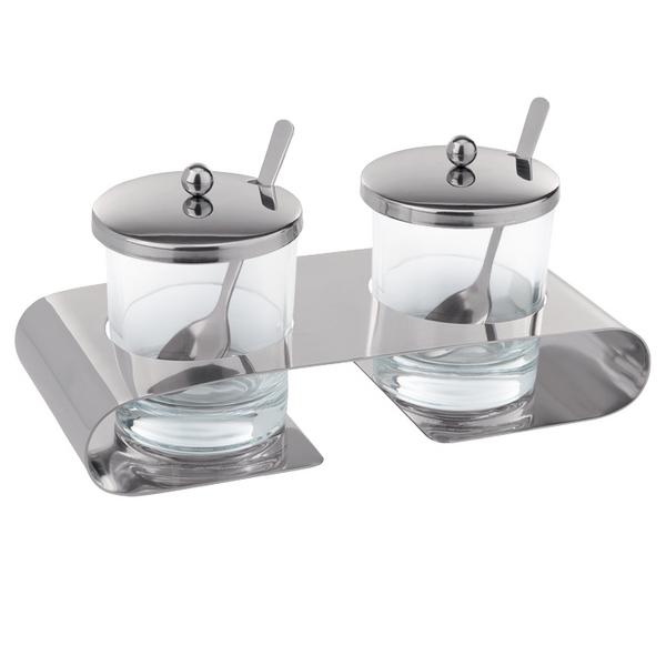 Menaje para aceite y vinagre - 3 piezas - soporte de acero inoxidable - en soporte - acero inoxidable y vidrio - con tapa con ranura para cuchara - incl. 2 cucharillas de acero inoxidable - fuente de cristal con tapa y soporte - Con apto para lavavajillas