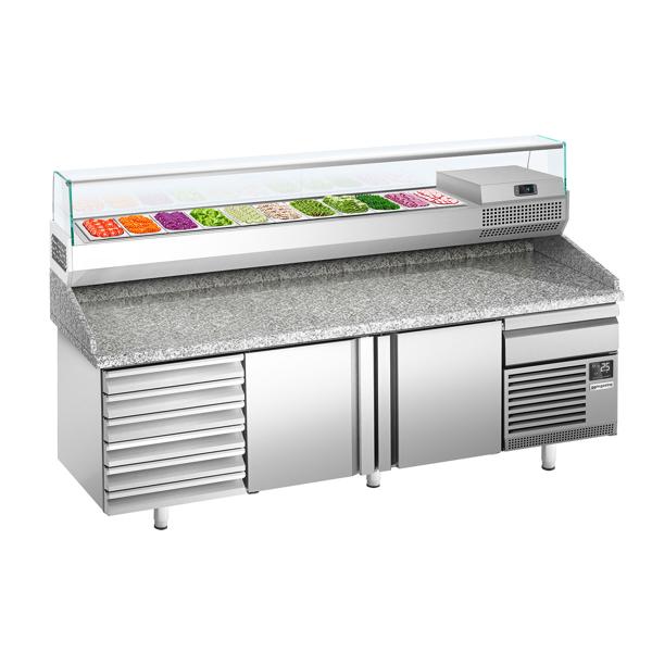 Pizzawerkbank PREMIUM PLUS - 2305x800mm - met granieten werkblad - met 2 deuren & 7 laden - incl. glasvitrine - 11x GN 1/4