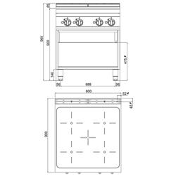 Indukční sporák - LORENZO 900 - 4 varná pole - samostatně stojící jednotka - 800x900x965 mm - 20,0 kW - otevřená spodní konstrukce