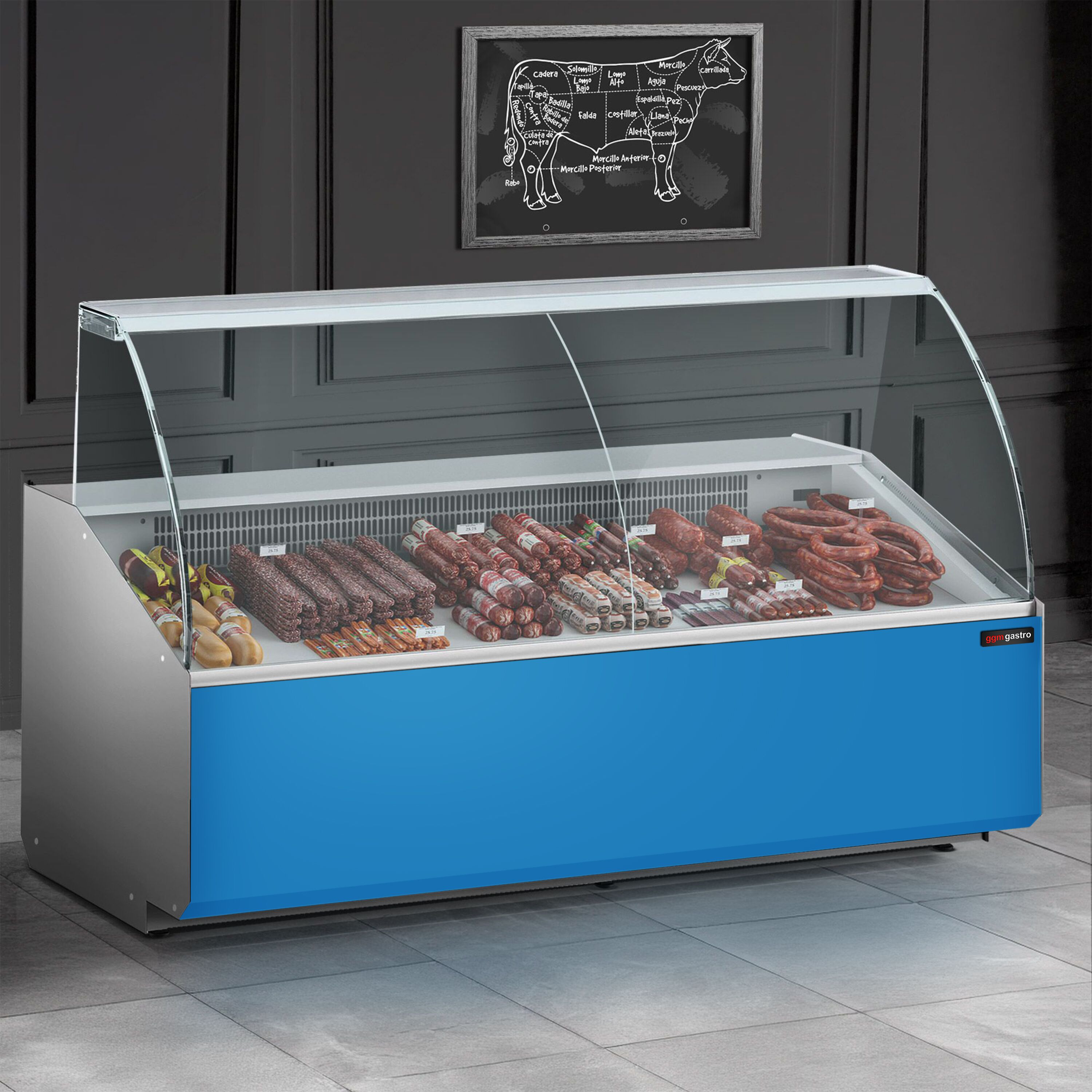 Comptoir vitrine réfrigérée - 2506x979mm - +2/+6°C - 512L - Façade bleue RAL5015