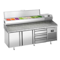Pizzawerkbank PREMIUM PLUS - 1980x700mm - met granieten werkblad - met 2 deuren & 3 laden - incl. opzetkoelvitrine - 10x GN 1/4