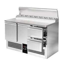 Zubereitungstisch Mini PREMIUM - 1370mm - für 8x GN 1/6 - 2 Türen & 2 Schubladen