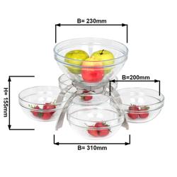 Buffetstandaard - RVS - 5-laags - 4x 200x200mm + 1x 230x230mm - met 5 glazen schalen
