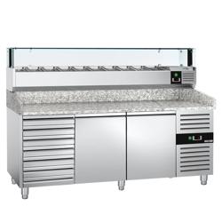 Commercial Refrigerated Pizza Prep Counter PREMIUM - 2000x800 - 2 Doors - 7 Drawers - Top Display Rail LED - 10x GN 1/4