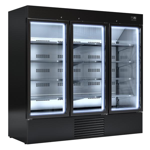 Wandkoelmeubel - 2081mm - 2030 liter - met 3 (dubbelglas) glazen schuifdeuren & 8 schappen - zwart