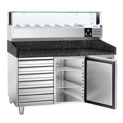 Rashladni pult za pripremu pizze PREMIUM - 1500x800 mm - sa 1 vratima & 7 ladica - uklj. Rashladna nadograđena vitrina LED - 7x GN 1/4