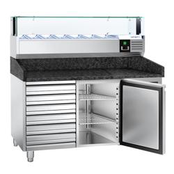 Pizzawerkbank PREMIUM - 1500x800mm - met granieten werkblad - met 1 deur & 7 laden - incl. glasvitrine LED - 7x GN 1/4