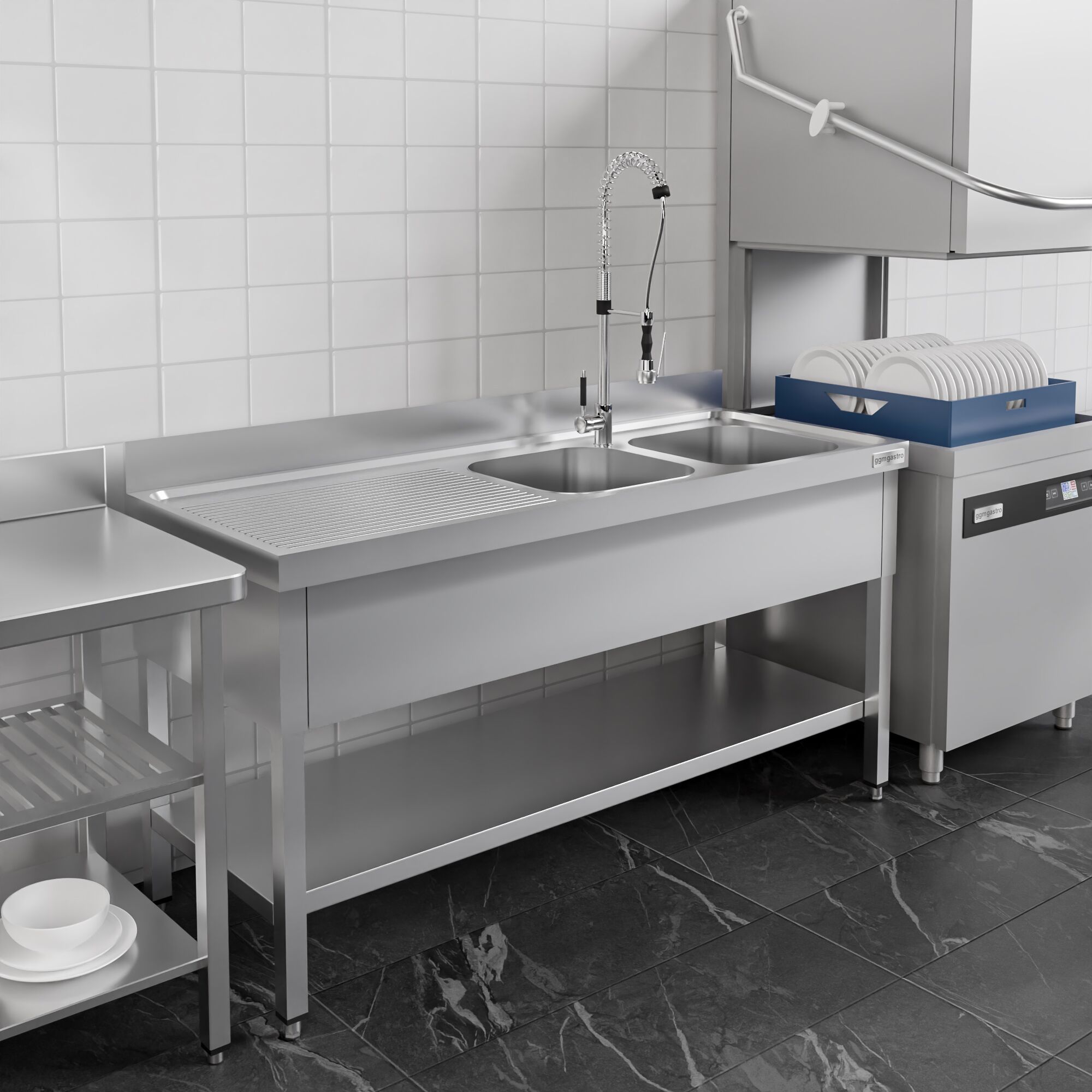 Plonge en inox PREMIUM - 1400x600mm - avec étagère basse - 2 bacs à droite