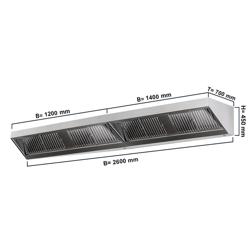 Wandafzuigkap RVS - 700mm diep - 2600mm - met motor - met 5 labyrintfilters en verlichting - snelheidsregelaar vereist (extern) - 1800m³/u