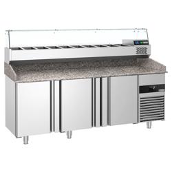 Pizzawerkbank PREMIUM - 2100x800mm - met granieten werkblad - met 3 deuren - incl. glasvitrine - 10x GN 1/3