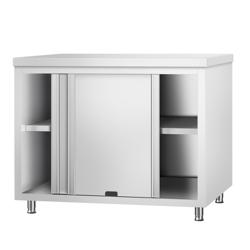 Tavolo armadiato passante in acciaio inox PREMIUM - 1200x600mm - con 4 porte scorrevoli su due lati