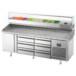 Commercial Pizza Prep Counter - Granite Top PREMIUM PLUS - 1980x700mm - with 1 doors & 6 drawers - incl. refrigerated topping unit with glass sneeze guard - 9x GN 1/4