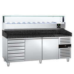 Rashladni pult za pripremu pizze PREMIUM - 2000x800 mm - sa 2 vrata & 7 ladica - uklj. Rashladna nadograđena vitrina LED - 10x GN 1/4