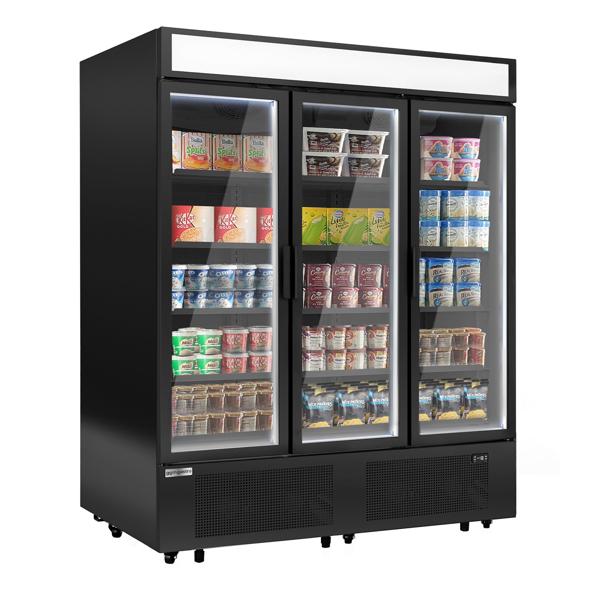 Väggfrys - 1 600 mm - 891 l - från −18 till −23 °C - med 3 dubbelglasade glasdörrar & 15 hyllor - svart