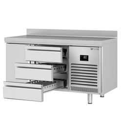 Koelwerkbank PREMIUM PLUS - 1468x600mm - 1 deur - 3 lades - met spatrand - GN 1/3