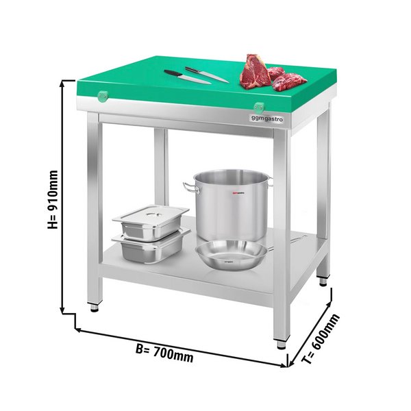Stół roboczy ze stali nierdzewnej PREMIUM - 700x600 mm - z półką dolną bez panelu tylnego włącznie z desek do krojenia 