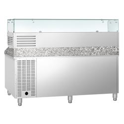 Pizzawerkbank ECO - 2025x800mm - met granieten werkblad - met 3 deuren - incl. glasvitrine - 9x GN 1/3