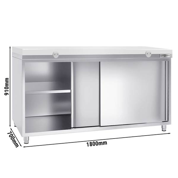 Dulap de lucru din oțel inoxidabil PREMIUM - 1,8 m - cu ușă glisantă - incl. blat de lucru alb
