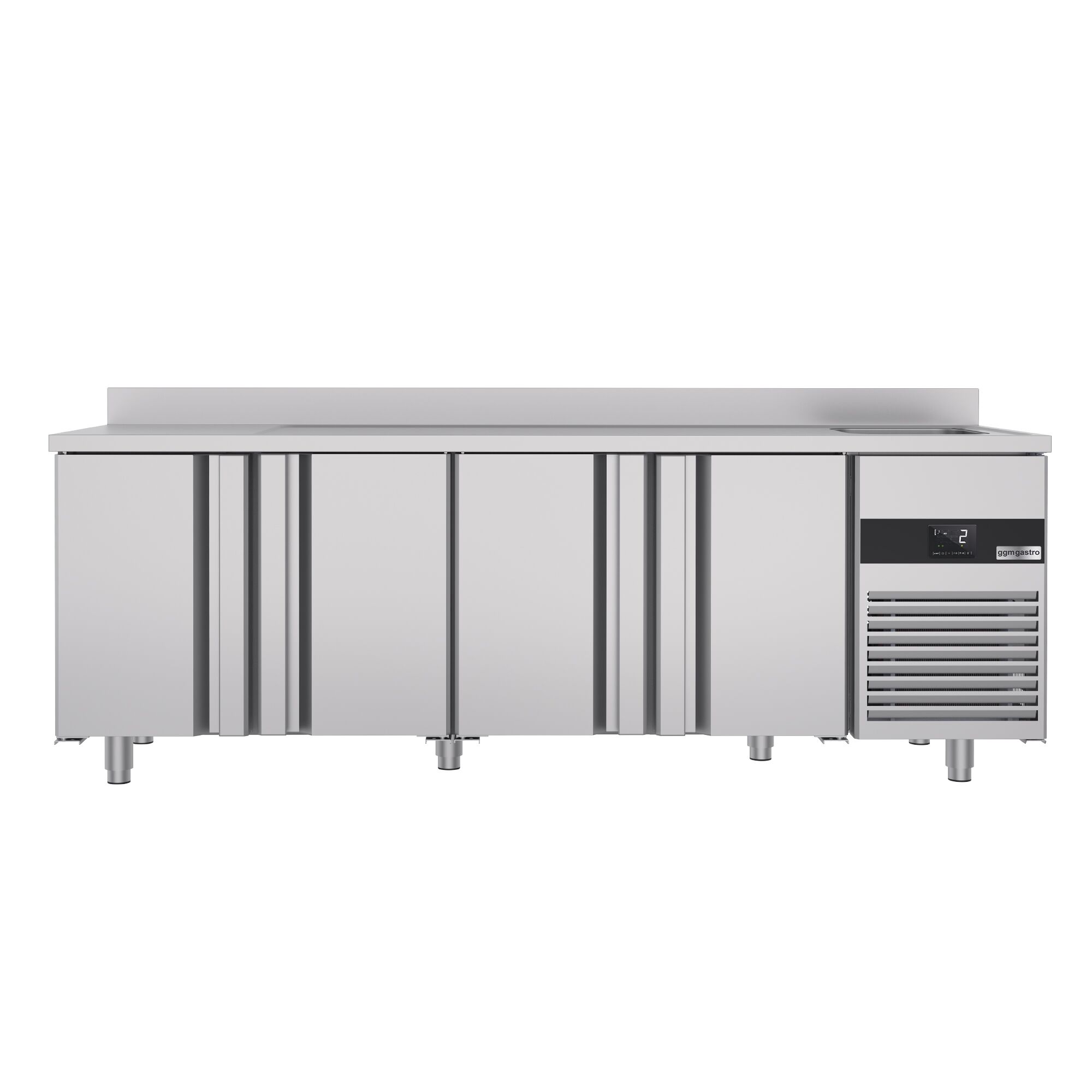 Table réfrigérée PREMIUM - 2360x700 mm - avec 4 portes, 1 bac à droite - avec dosseret