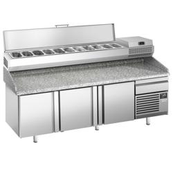 Pizzawerkbank PREMIUM PLUS - 2305x800mm - met granieten werkblad - met 3 deuren - incl. opzetkoelvitrine - 11x GN 1/4