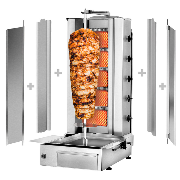 Plinski gyros-/ doner roštilj - 5 plamenika - Maks. 80 kg - Uklj. 2 zaštitne ploče & 2 krilna vrata