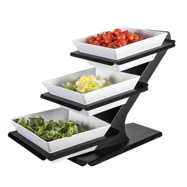 Etagere / Buffet Stand - Powder-coated stainless steel frame - Black - square - incl. 3 Melamine bowls 300x300mm - with 3 shelves