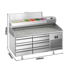 Mesa pizzera refrigerada PREMIUM PLUS - 1490x700mm - encimera de granito - con 6 cajones - incl. vitrina refrigerada superior - 6x GN 1/4