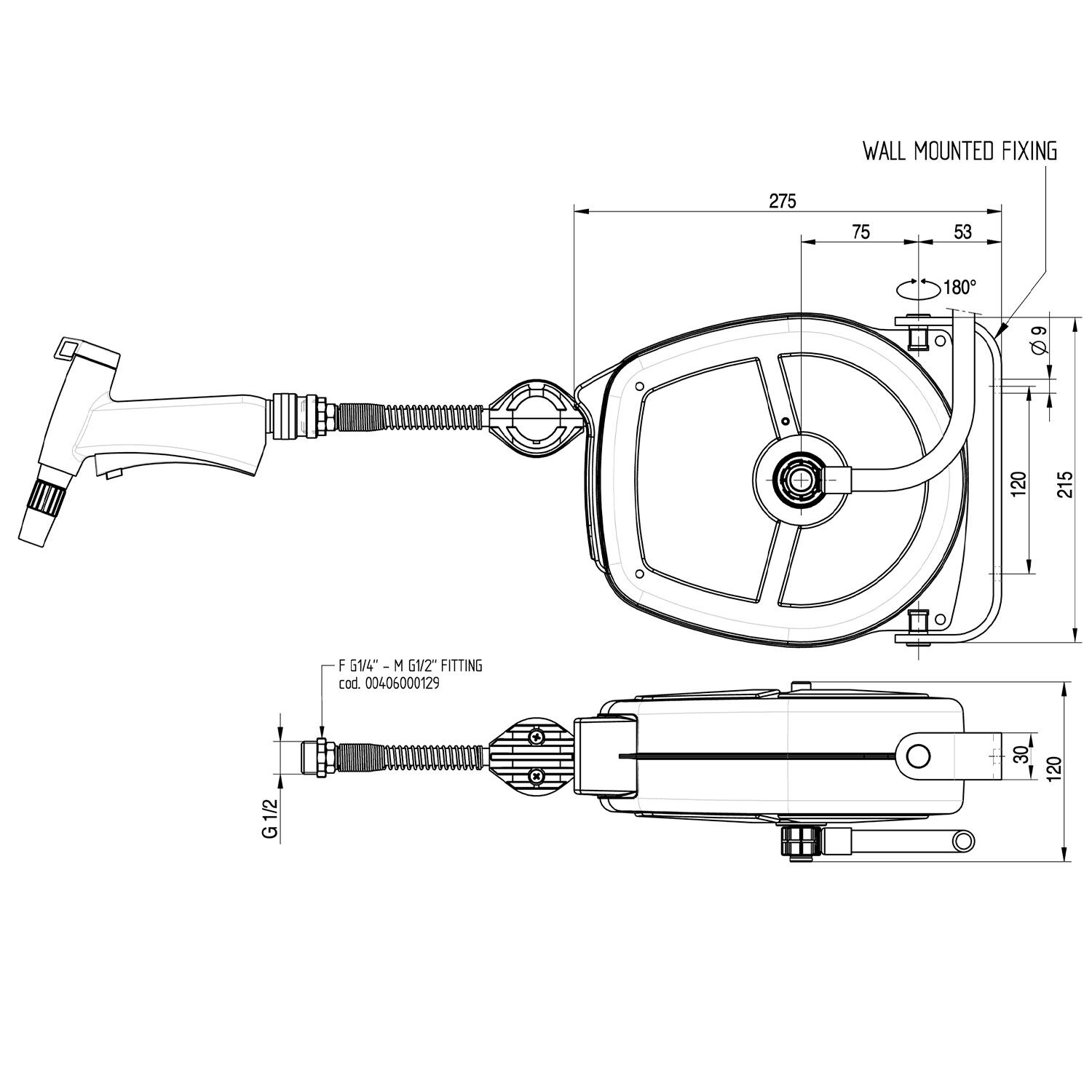 Enrouleur mural automatique en inox avec tuyau - 5m - 125x195mm - H:245mm - avec support mural, douchette