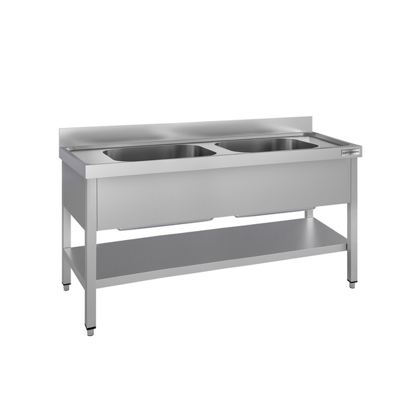 Fregadero para ollas de acero Inox. con estante inferior - 1,6 m - 2 fregaderos L 70 x B 50 x T 35 cm