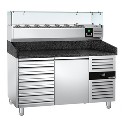 Rashladni pult za pripremu pizze PREMIUM - 1500x800 mm - sa 1 vratima & 7 ladica - uklj. Rashladna nadograđena vitrina - 7x GN 1/4