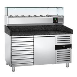 Pizzawerkbank PREMIUM - 1500x800mm - met granieten werkblad - met 1 deur & 7 laden - incl. glasvitrine - 7x GN 1/4