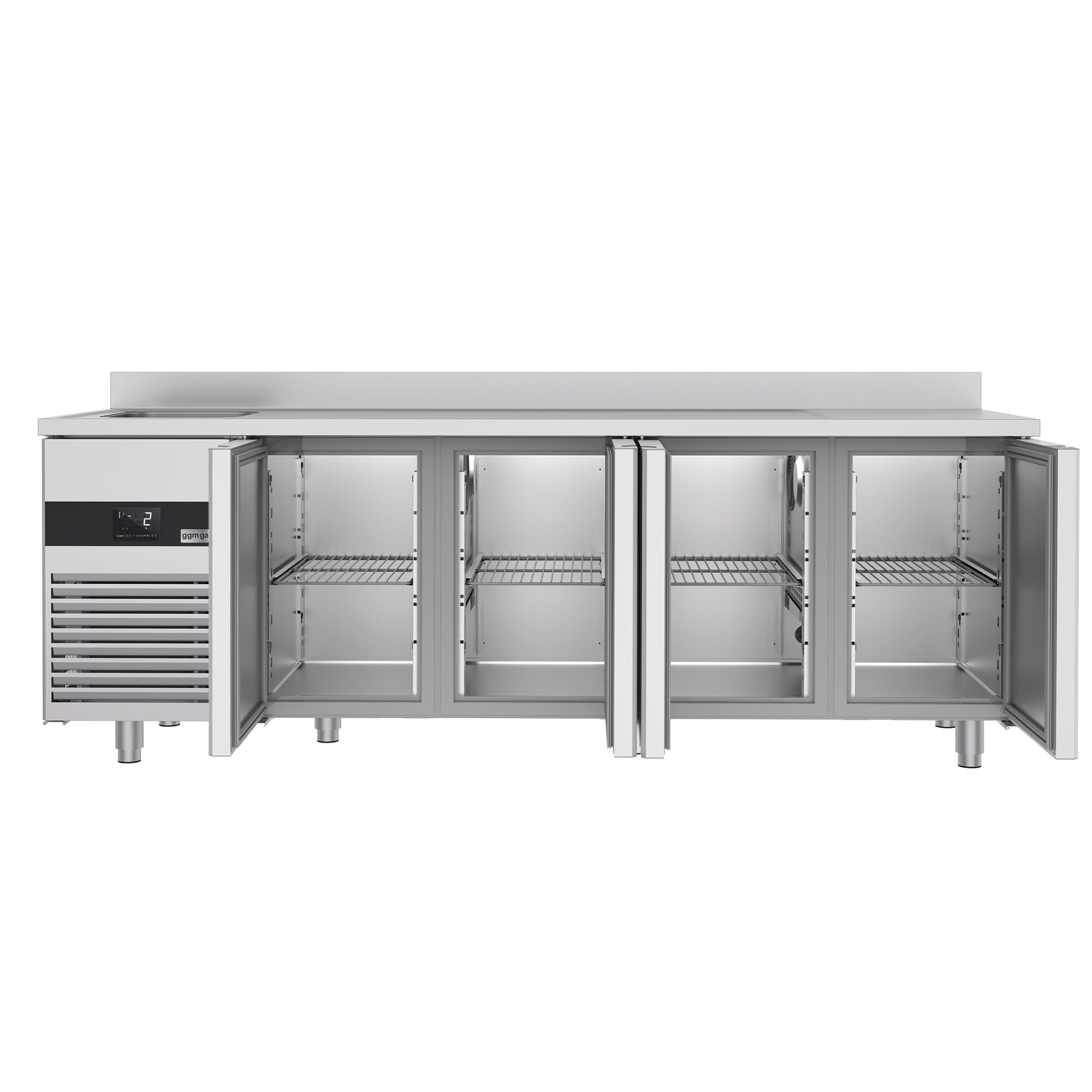 Table réfrigérée PREMIUM - 2360x700 mm - avec 4 portes, 1 bac à gauche - avec dosseret