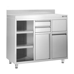 Szafka robocza ze stali nierdzewnej - 1292x600mm - z drzwiami na zawiasach, 2 szufladami, koszem na śmieci, powierzchnią przechowywania 2-poziomową po lewej stronie, z rantem - pod ekspres do kawy