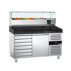 Rashladni pult za pripremu pizze PREMIUM - 1500x800 mm - sa 1 vratima & 7 ladica - uklj. Rashladna nadograđena vitrina - 7x GN 1/4