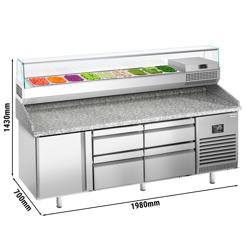 Pizzawerkbank PREMIUM PLUS - 1980x700mm - met granieten werkblad - met 1 deur & 4 laden - incl. glasvitrine - 9x GN 1/4