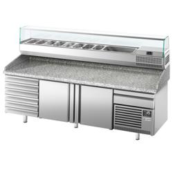 Commercial Pizza Prep Counter - Granite Top PREMIUM PLUS - 2305x800mm - with 2 doors & 7 drawers - incl. refrigerated topping unit with glass sneeze guard - 10x GN 1/3