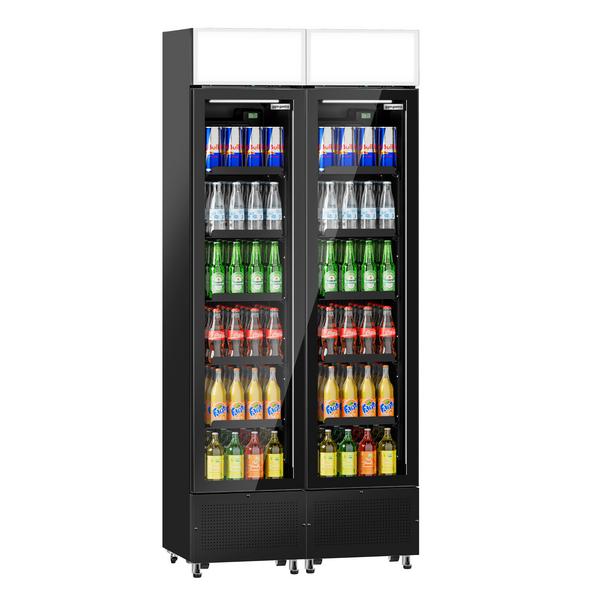 (2 adet) Cam Kapılı İçecek Dolabı - 870mm - 290L - çerçevesiz cam kapı - 2 Cam Kapılı + ışıklı reklam paneli + LED aydınlatmalı - Dijital ekranlı - sıcaklık göstergeli - Siyah