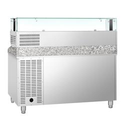 Pizzawerkbank PREMIUM - 1500x800mm - met granieten werkblad - met 1 deur & 7 laden - incl. glasvitrine LED - 5x GN 1/3 + 1x GN 1/2